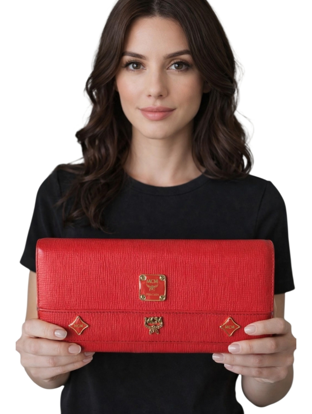 MCM Red Leather Trifold Wallet w/ Gold Studs & Charms | Authentic | EUC